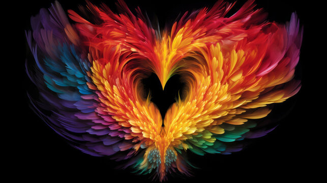 A colorful heart made of feathers on a black background