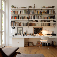 White walls, simple room, inorganic, only a small bookshelf and a desk.