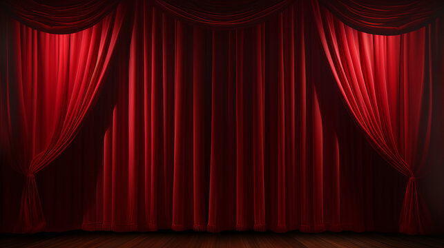 A stage with a red curtain and a wooden floor