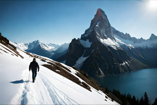 A man walking on a snok clad mountain in a ski resort