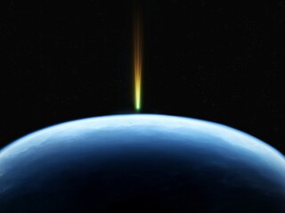 Large comet approached the Earth, as seen from space. Dangerous celestial body on the background of our planet.