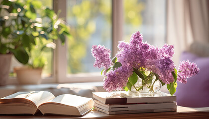Lilac flowers in the vase with stack of books on the table near window