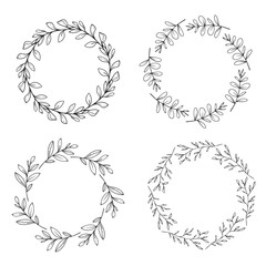 Floral Frames Line Art, Fine Line Greenery Frames Hand Drawn Illustration. Outline Leaves and Flowers. 