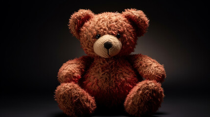 A brown teddy bear sitting up against a black background