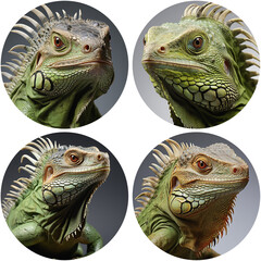 The portrait of the beautiful head of a Green iguana cut out in a circle on a transparent background, Generative AI