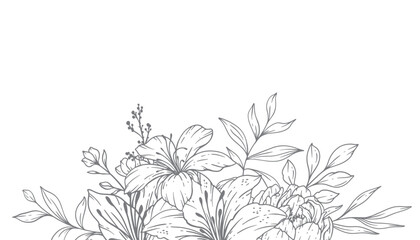 Wildflowers Line Art, Fine Line Wildflower Bouquets Hand Drawn Illustration. Coloring Page with Flowers.