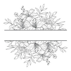 Floral Frames Line Art, Fine Line Wildflower Frames Hand Drawn Illustration. Outline Leaves and Flowers. 