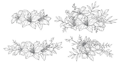 Wildflowers Line Art, Fine Line Wildflower Bouquets Hand Drawn Illustration. Coloring Page with Flowers.