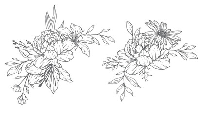 Wildflowers Line Art, Fine Line Wildflower Bouquets Hand Drawn Illustration. Coloring Page with Flowers.