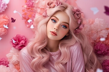 Portrait of a beautiful girl, fairy lights on the background, pink colours