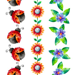 Cute Spring Lady Birds and Flowers Watercolor Vector Vertical Seamless Isolated Borders Set © Farissa