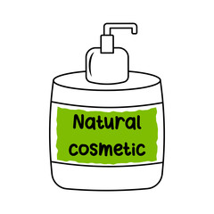 Natural cosmetic bottle with dispenser in doodle style. Skincare eco product icon.