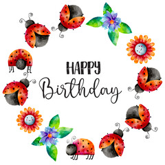 Cute Watercolor Vector Spring Flowers and Lady Bugs Frame Background © Farissa
