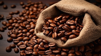 Coffee beans in burlap sack, coffee banner, background, International Coffee Day autumn, autumn, Generative AI