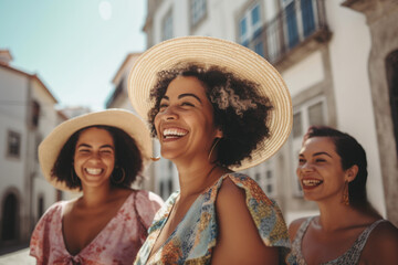 Coastal Delight: Three Latina Women's Joyful Mediterranean Escape, Strolling through a Portuguese Small Town's Enchanting Coastal Street on a Sunny Summer Day