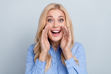 Closeup photo of screaming crazy business lady wear blue shirt hands cheeks secret information...