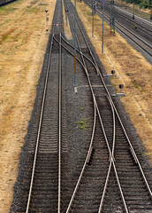 Railroad tracks, switches and signaling systems. Technology,  railroad ties and transportation.