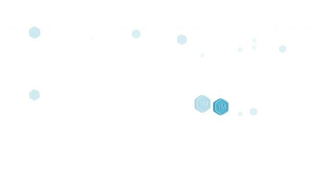 One million followers blue 3D badges, alpha channel 4k video animation. Flying hexagon labels for using subscribers, views. Congratulations or thank you motion graphics.