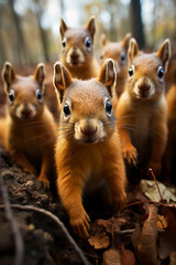 Fototapeta premium Five red squirrels portrait in forest park looking at camera with a curious, funny, surprised look, funny, humorous wild animals, wide angle photography. Positive concept. Generative AI Technology