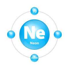 Neon (Ne) Icon structure chemical element round shape circle light blue with surround ring. Period number shows of energy levels of electron. Study science for education. 3D Illustration vector.