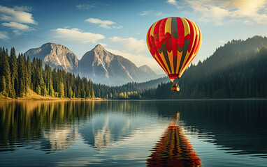 Fototapeta premium A hot air balloon floating in this air, breathtaking nature view 