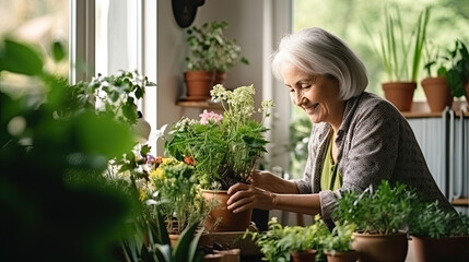 Senior woman with green plants and flowers at home.
