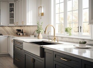 A luxurious kitchen with a large island, gold faucet and sputnik chandelier, stainless steel appliances, and white marble countertops. Created with Generative AI technology. - Powered by Adobe