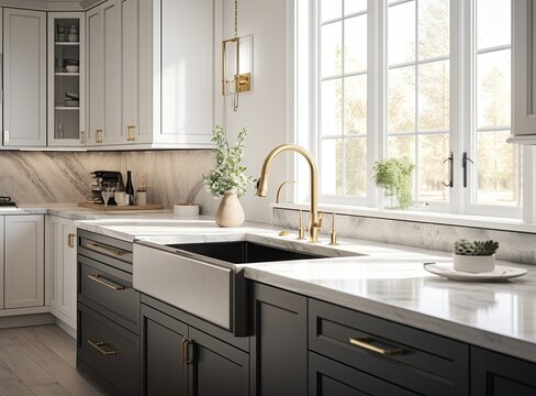 A luxurious kitchen with a large island, gold faucet and sputnik chandelier, stainless steel appliances, and white marble countertops. Created with Generative AI technology.