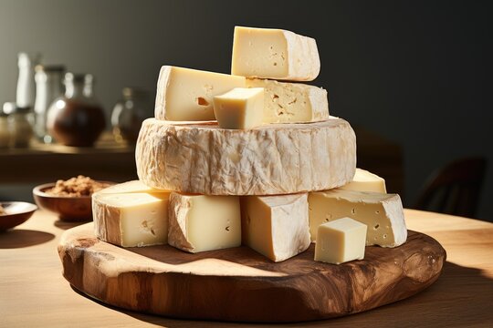 Delicious pieces of cheese on a wooden board. Dairy delicacy. Advertising banner. Generative AI