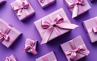 Gift boxes, presents on purple background. Flat lay, top view. Generative Ai