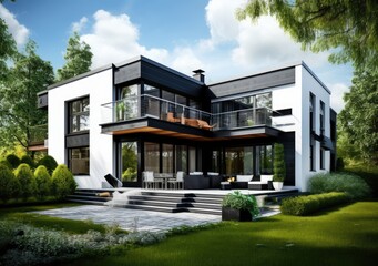 Fototapeta premium Front view of modern designed concrete residential house. Created with Generative AI technology.
