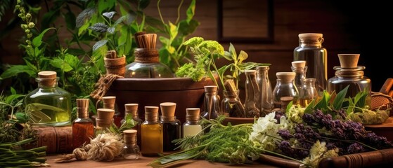 Medicinal herbs and tinctures alternative medicine in jars on table with leaves, Generative AI - obrazy, fototapety, plakaty