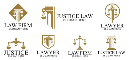 set law logo with pillars of justice symbol concept, creative premium of lawyer and law office - obrazy, fototapety, plakaty