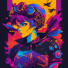 Risograph style. A vibrant, modern design featuring a flat, anime, steampunk, girl, vector illustration with a dark background and a colorful gradient.