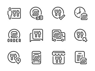 Takeaway and Food Delivery Service vector line icons. Ordering Groceries, Online Food Order and Meal Delivery outline icon set.