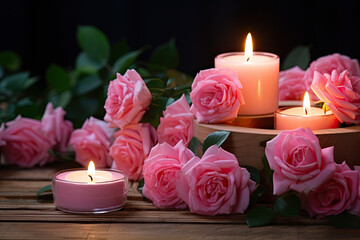 Obraz na płótnie Canvas Scented candle and rose petals
