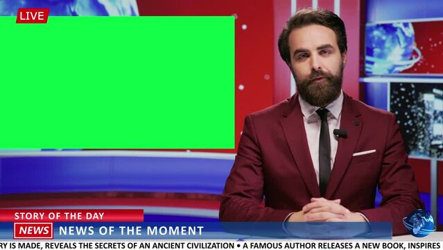 Journalist covers news on greenscreen in newsroom, addressing latest events and presenting daily information live on tv program. Newscaster using isolated copyspace template in studio.