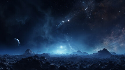 A space scene with mountains and stars in the sky