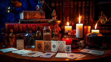 Fototapeta na wymiar Defocused Magic potion. Witchcraft. Tarot cards. ancient magic. Halloween.