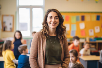 Portrait of smiling teacher in a class at elementary school looking at camera with learning students on background - obrazy, fototapety, plakaty