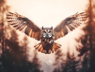 Flying owl in front of forest in warm sunlight