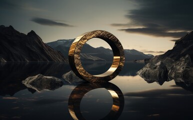 Golden portal in the lake on unknown planet, fantasy concept. Generative AI