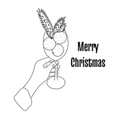 Womans hand holds glass with tangerines and spruce branches. Merry christmas text. Festive Christmas print. Black and white vector isolated illustration hand drawn