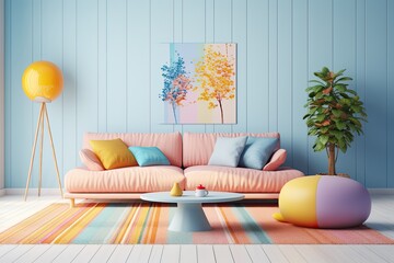 Modern interior. Vibrant pastel girly living room, cozy pink couch, pastel pillows and colorful painting at walls. Generative AI.