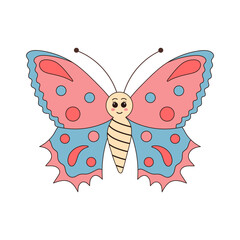 Groovy retro cartoon butterfly character. Linear color vector illustration