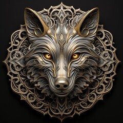 Wolf emblem made of silver and golden details, black background. Generative AI