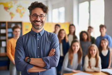 Fototapeta Portrait of smiling male teacher in a class at elementary school looking at camera with learning students on background obraz