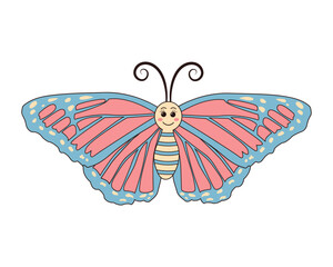 Groovy retro cartoon butterfly character. Linear color vector illustration