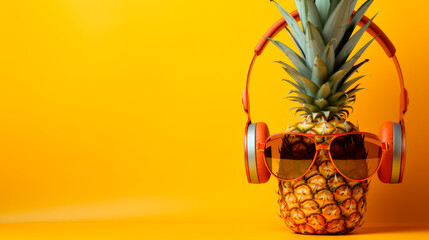 Fashion pineapple with sunglasses and headphones on a yellow color background