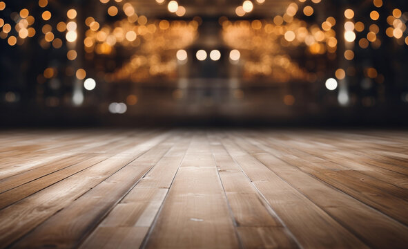 Empty wooden table on defocused blurred shelves in warehouse background.